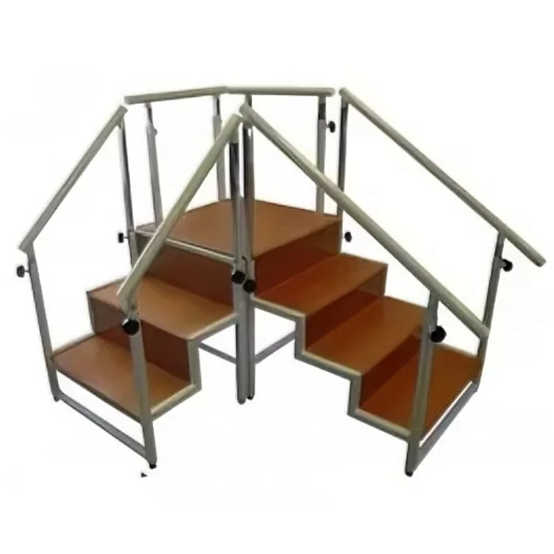 Escalera angular de mecanoterapia con un tramo de 3 y otro de 4 peldaños para reeducación de la marcha