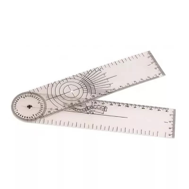 Goniómetro clásico de plástico transparente para medición articular a 360 grados en clínicas de fisioterapia.
