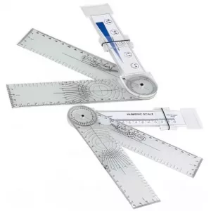 Goniómetro con regla de dolor en plástico transparente y escala de iconos gestuales para fisioterapia.