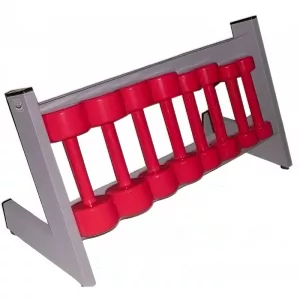 Juego de pesas con soporte metálico gris y ocho mancuernas rojas antideslizantes para fisioterapia.