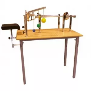 Mesa de manos para fisioterapia con tablero canadiense y módulos de flexoextensión sobre bastidor metálico