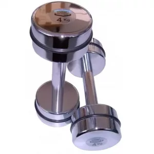 Juego de pesas cromadas de acero pulido con banda de goma protectora para clínicas de fisioterapia.