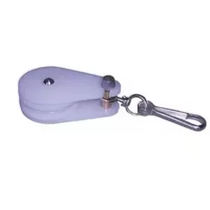 Polea de nylon blanca desmontable con gancho metálico antienrollable para ejercicios de tracción en clínicas de fisioterapia.