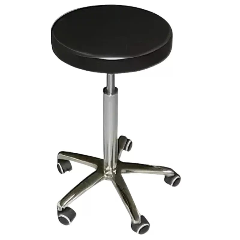 Taburete con ruedas circulares de color blanco con base de acero cromado y elevación a gas para uso en clínicas de fisioterapia.