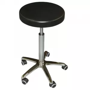 Taburete para pies circular de color negro con base de acero cromado y ruedas blandas para uso en clínicas de podología y fisioterapia.